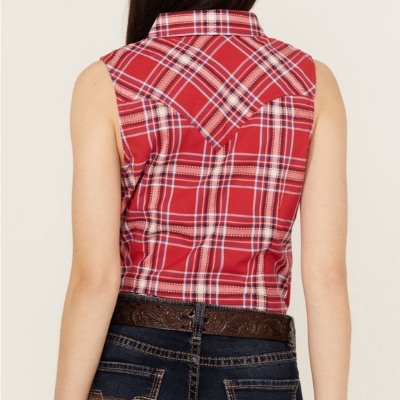 Wrangler Red and White sleeveless Button Down plaid western Shirt Sz-M. P7 - Picture 12 of 12